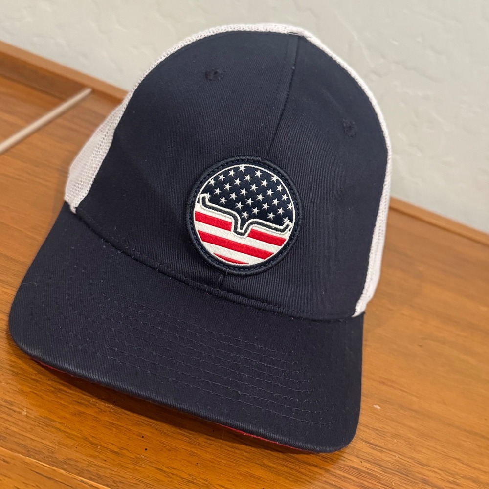 Kimes Ranch Trucker Hat Mens OSFA Navy Blue White American Flag Patch Excellent